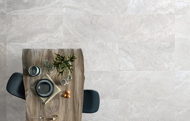 3D Crafted Travertine Silver Marble Look Porcelain Tiles in a room setting