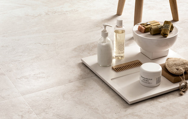 3D Crafted Travertine White Marble Look Porcelain Tiles in a room setting