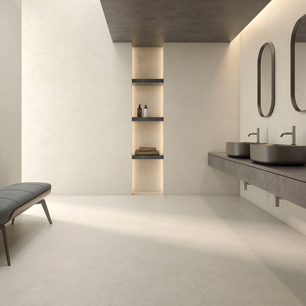 Crema Marfil Marble Look Porcelain Tiles in a room setting