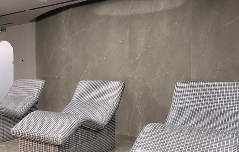 Superb Marble Pietra Taupe Porcelain Tiles in a room setting