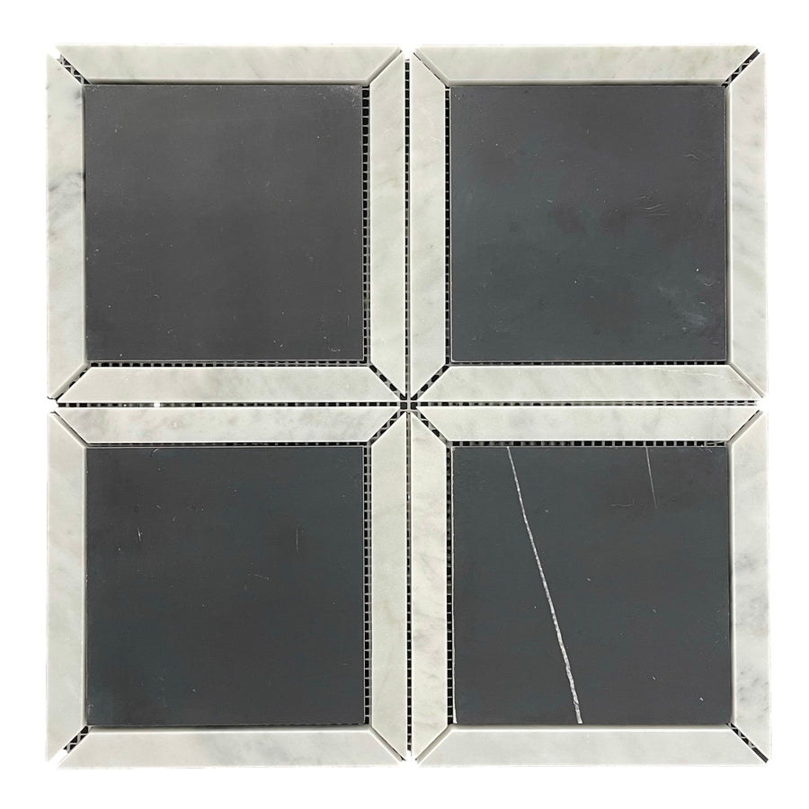 NERO SQUARE + CARRARA BORDER SHEET SIZE 305X305X10MM - NERO SQUARE + CARRARA BORDER HONED -03