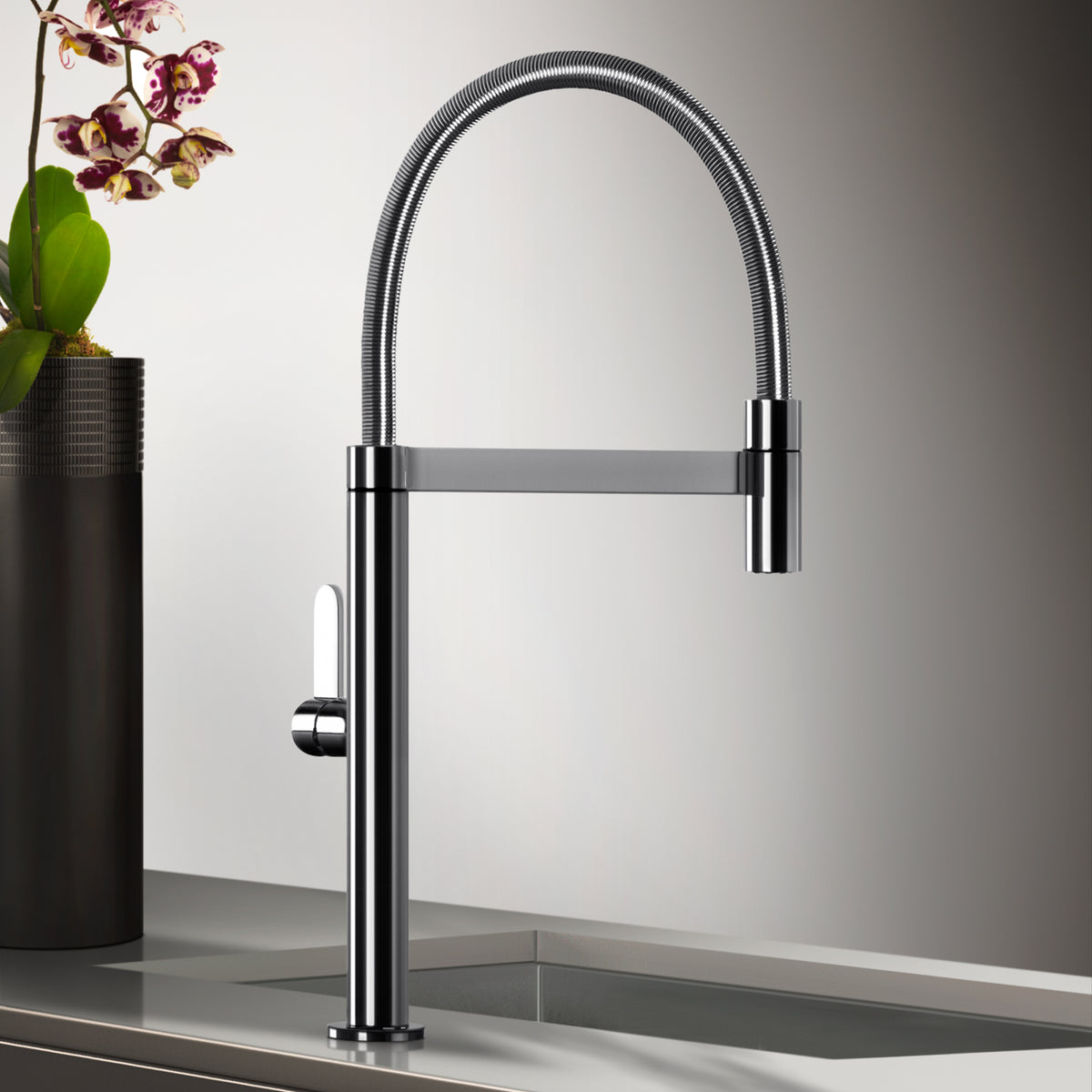 Gessi Helium Goose Neck Semi Professional Mixer in a styled room