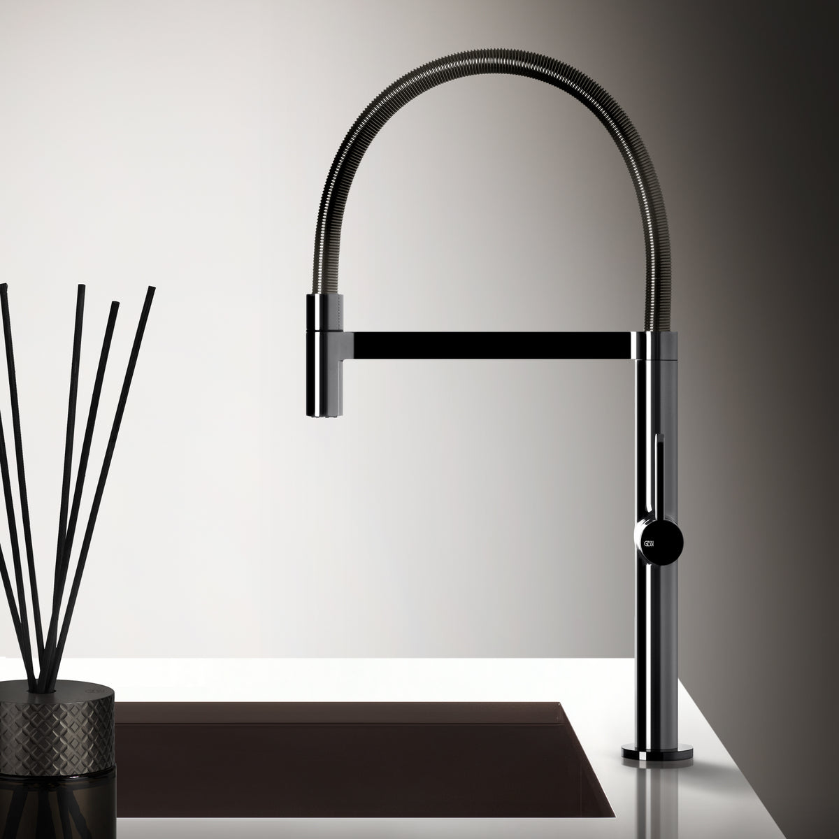 Gessi Helium Goose Neck Semi Professional Mixer in a styled room