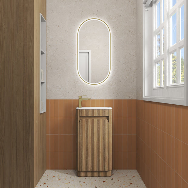 Aulic Mini Hartelle Fluted Floor Standing Harvest Oak Cabinet space saver vanity