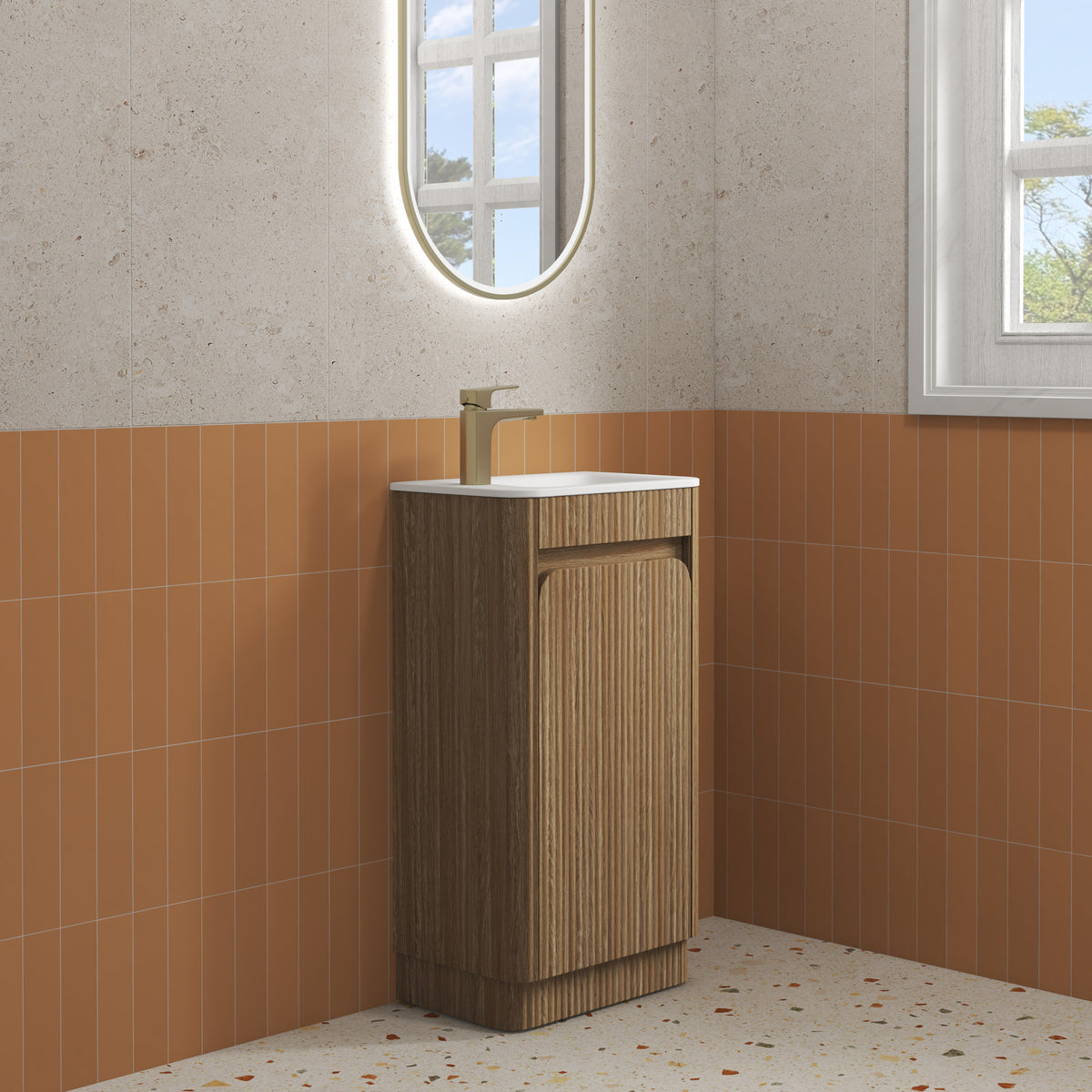 Aulic Mini Hartelle Fluted Floor Standing Harvest Oak Cabinet space saver vanity