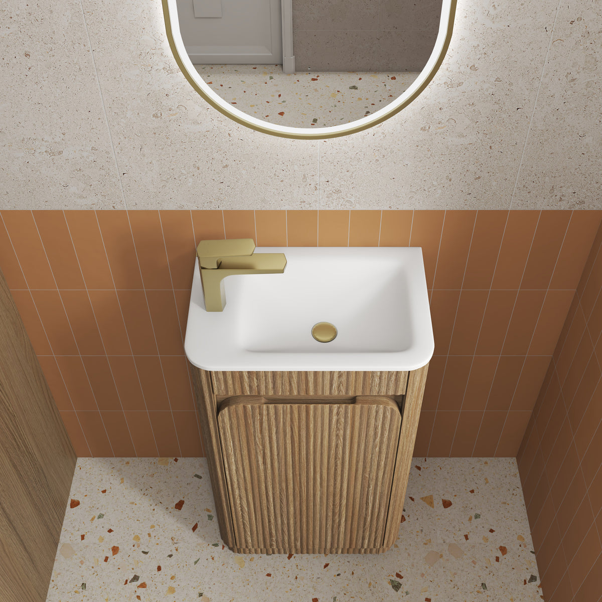 Aulic Mini Hartelle Fluted Floor Standing Harvest Oak Cabinet space saver vanity
