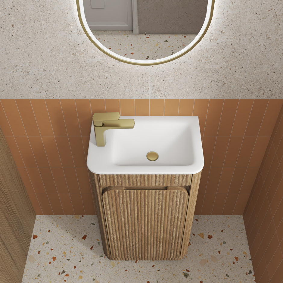 Aulic Mini Hartelle Fluted Floor Standing Harvest Oak Cabinet space saver vanity