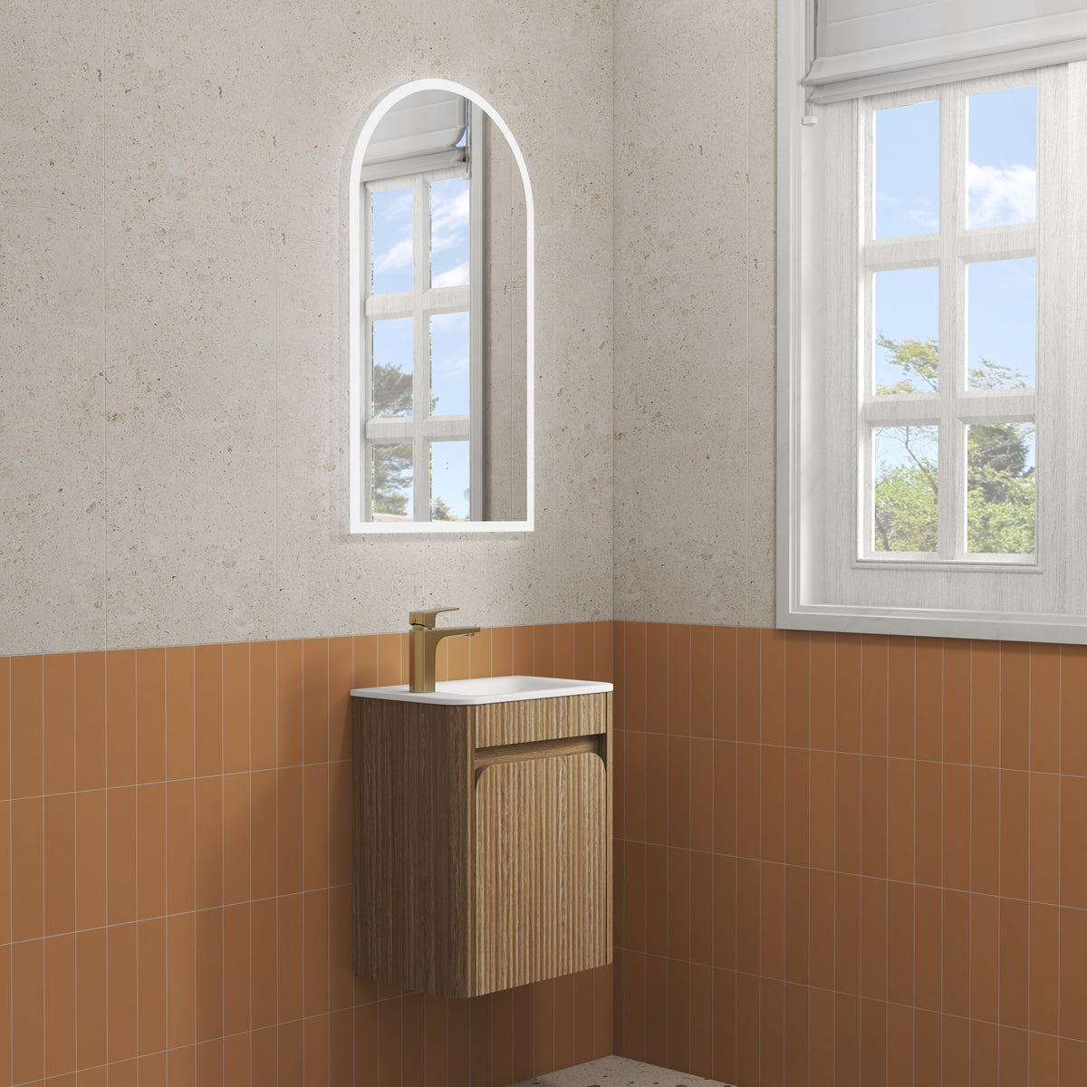 Aulic Mini Hartelle Fluted Wall Hung Harvest Oak Cabinet space saver vanity