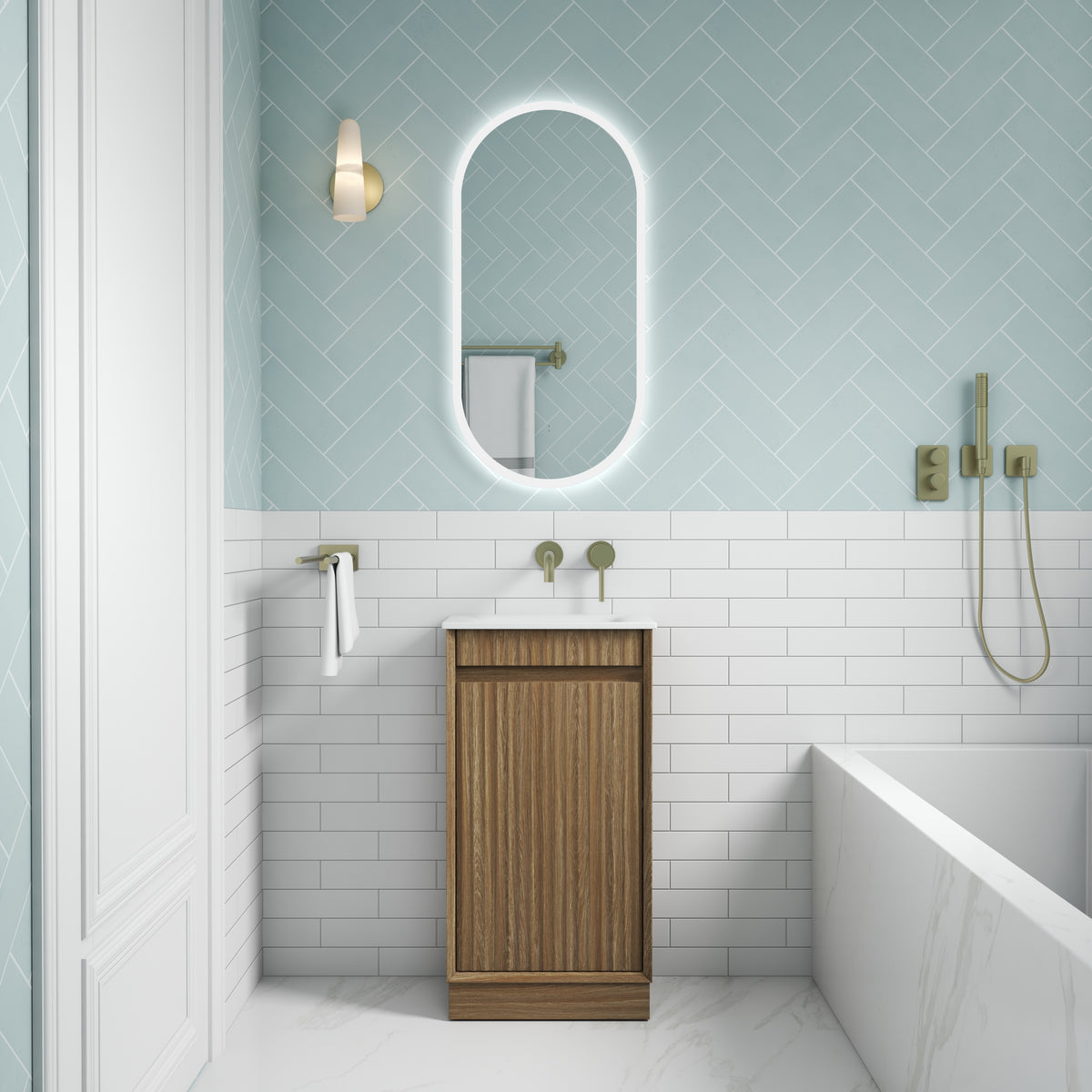 Aulic Mini Ravia Fluted Floor Standing Harvest Oak Cabinet space saver vanity