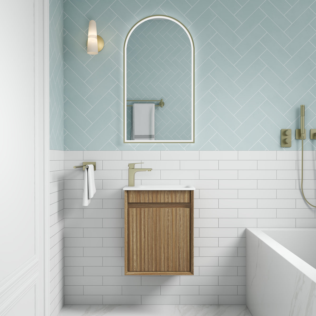 Aulic Mini Ravia Fluted Wall Hung Harvest Oak Cabinet space saver vanity
