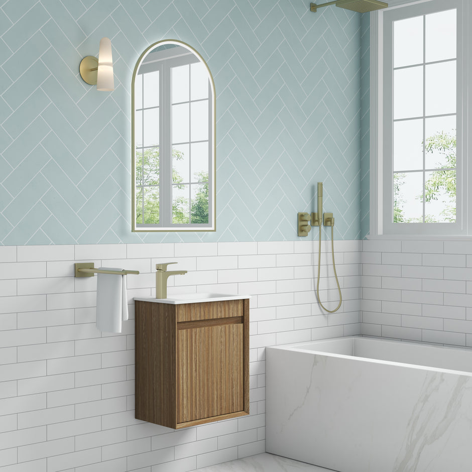 Aulic Mini Ravia Fluted Wall Hung Harvest Oak Cabinet space saver vanity