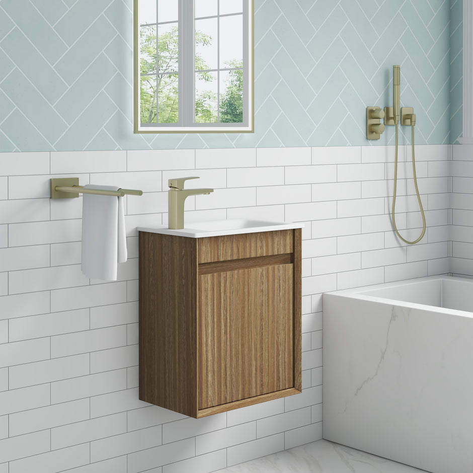 Aulic Mini Ravia Fluted Wall Hung Harvest Oak Cabinet space saver vanity
