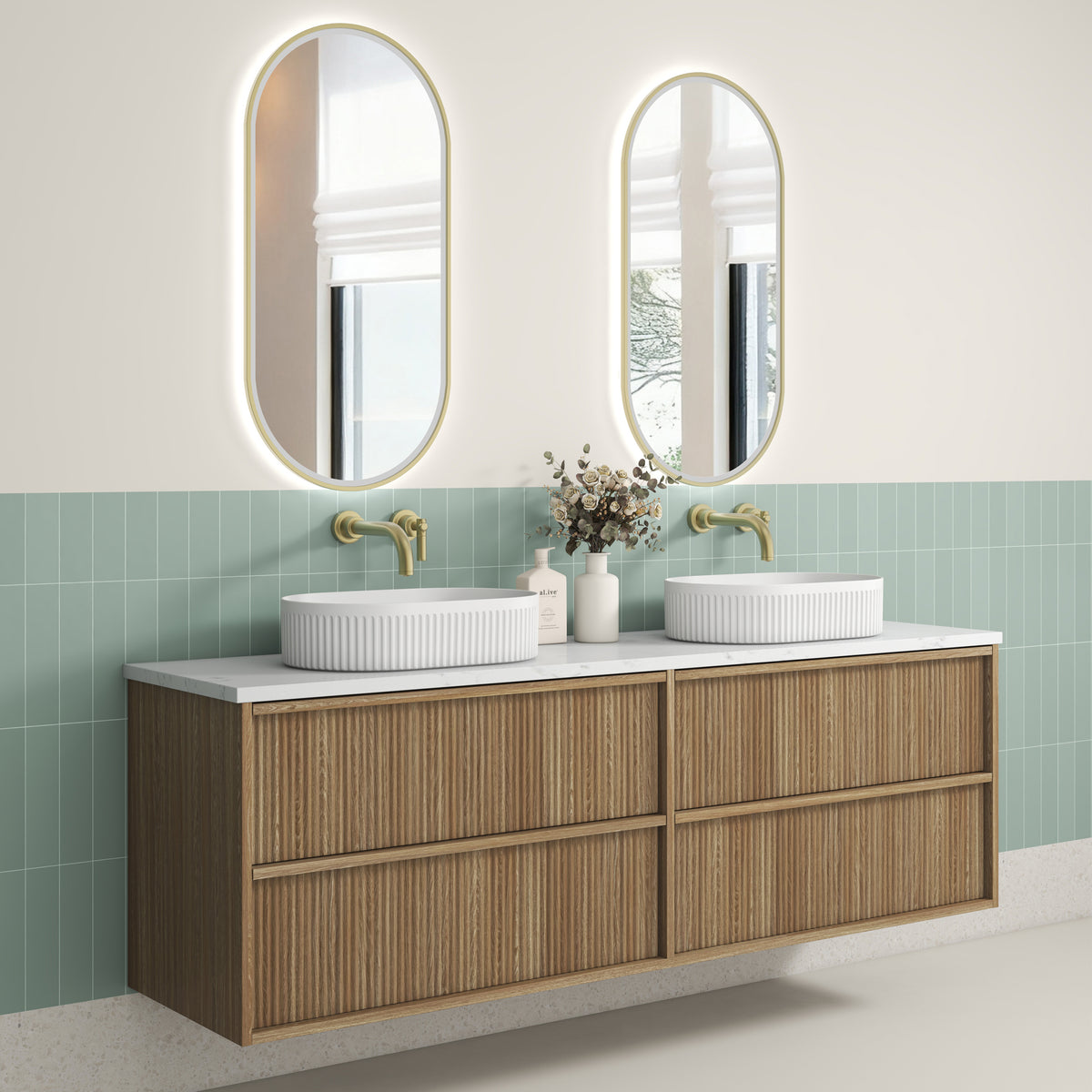 Aulic Venetta Fluted Framed Wall Hung Harvest Oak 1800mm wall hung vanity