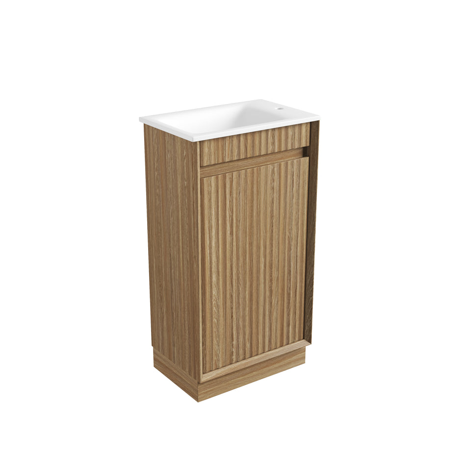 Aulic Mini Ravia Fluted Floor Standing Harvest Oak Cabinet space saver vanity