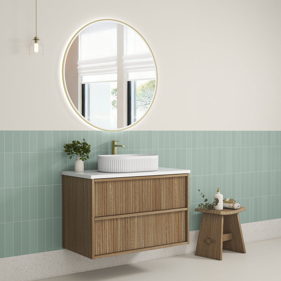 Venetta Fluted Framed Wall Hung Harvest Oak 900mm