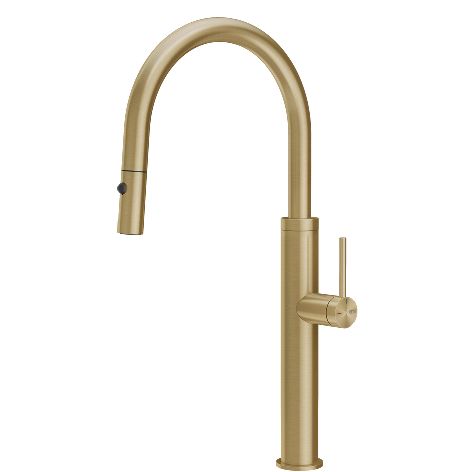 Gessi 316 Smooth Goose Neck Pull Out Spray Mixer in Brushed Brass