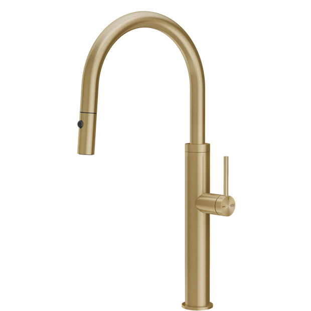 Gessi 316 Smooth Goose Neck Pull Out Spray Mixer in Brushed Brass