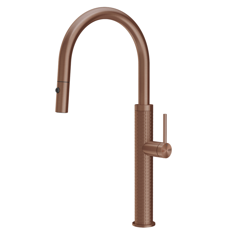 Gessi 316 Meccanica Goose Neck Pull Out Spray Mixer in Brushed Copper