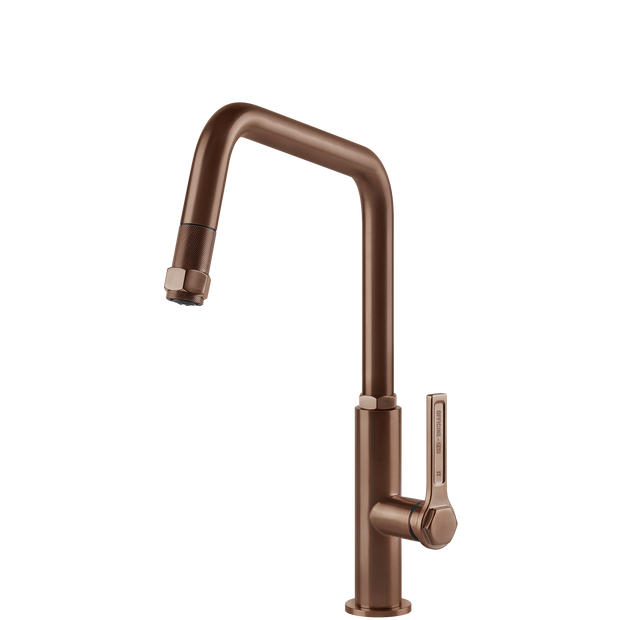 Gessi Officine Square Goose Neck Pull Out Mixer in Brushed Copper