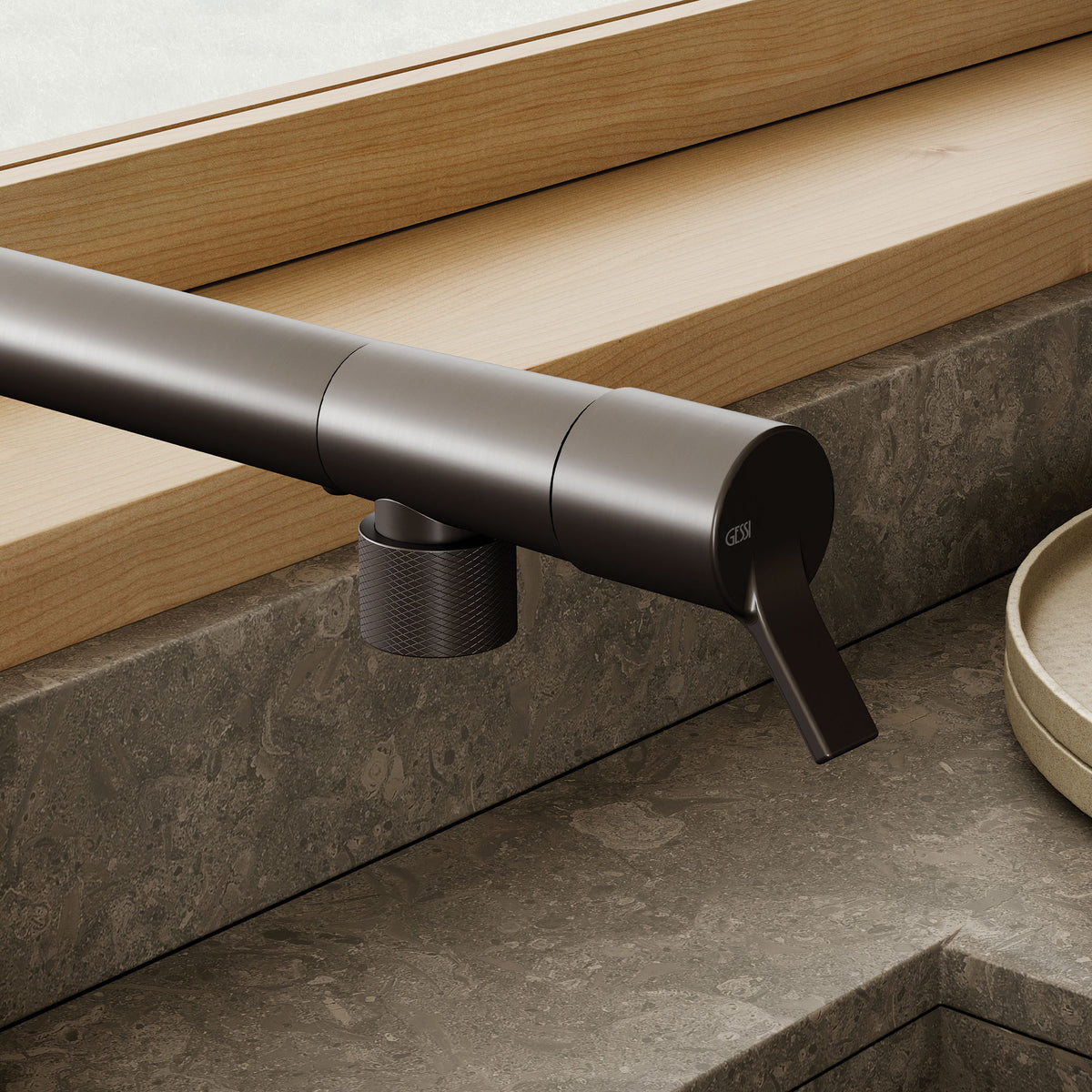 Gessi Su and Gi Retractable Spout Right Angle Mixer in a styled room