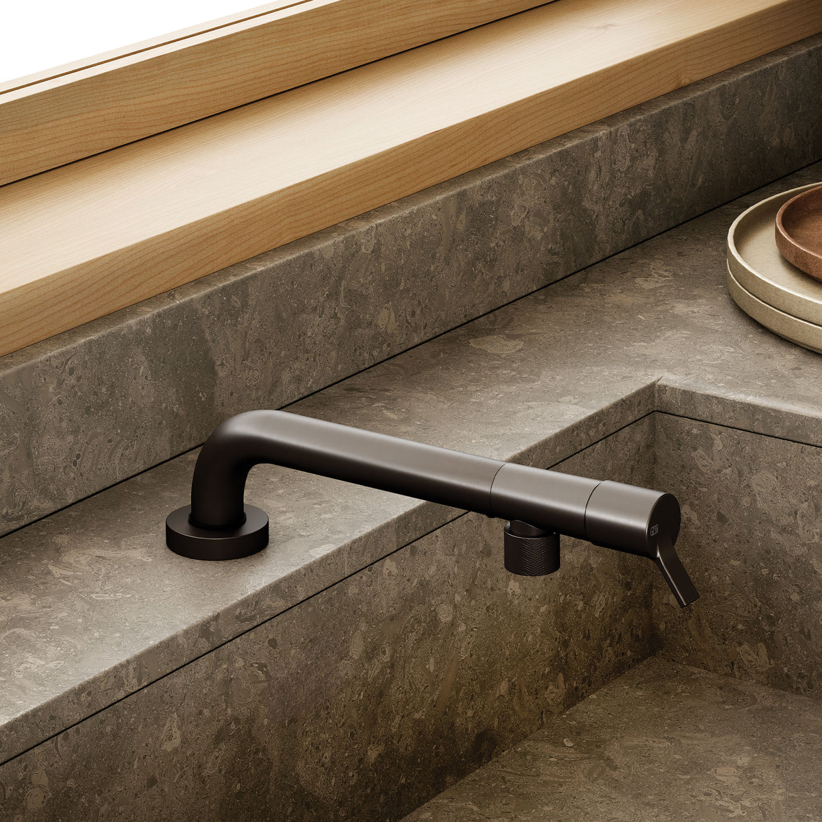 Gessi Su and Gi Retractable Spout Right Angle Mixer in a styled room