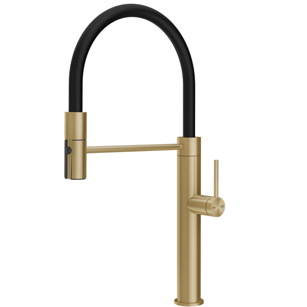 Gessi 316 Smooth Goose Neck Semi Professional Spray Mixer in Brushed Brass
