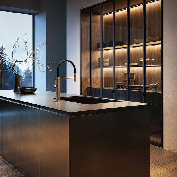 Gessi 316 Meccanica Goose Neck Semi Professional Spray Mixer in a styled room