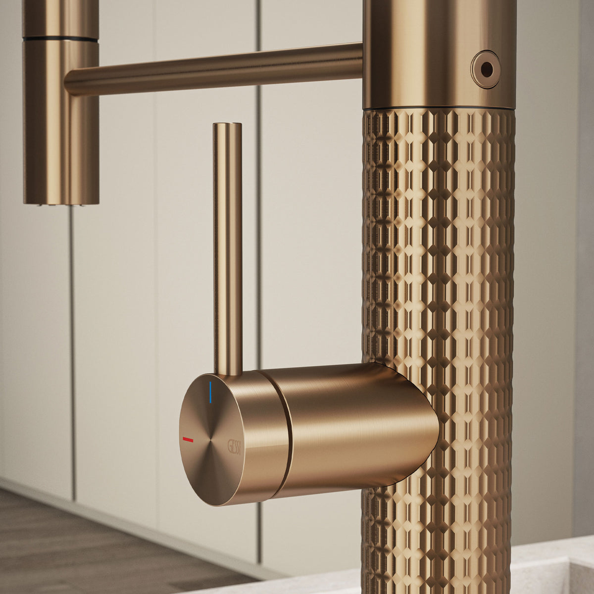 Gessi 316 Meccanica Goose Neck Semi Professional Spray Mixer in a styled room