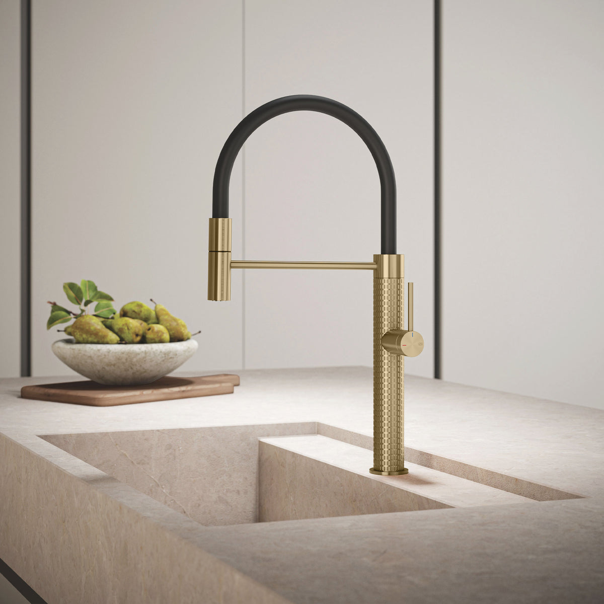 Gessi 316 Meccanica Goose Neck Semi Professional Spray Mixer in a styled room