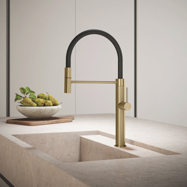 Gessi 316 Meccanica Goose Neck Semi Professional Spray Mixer in a styled room
