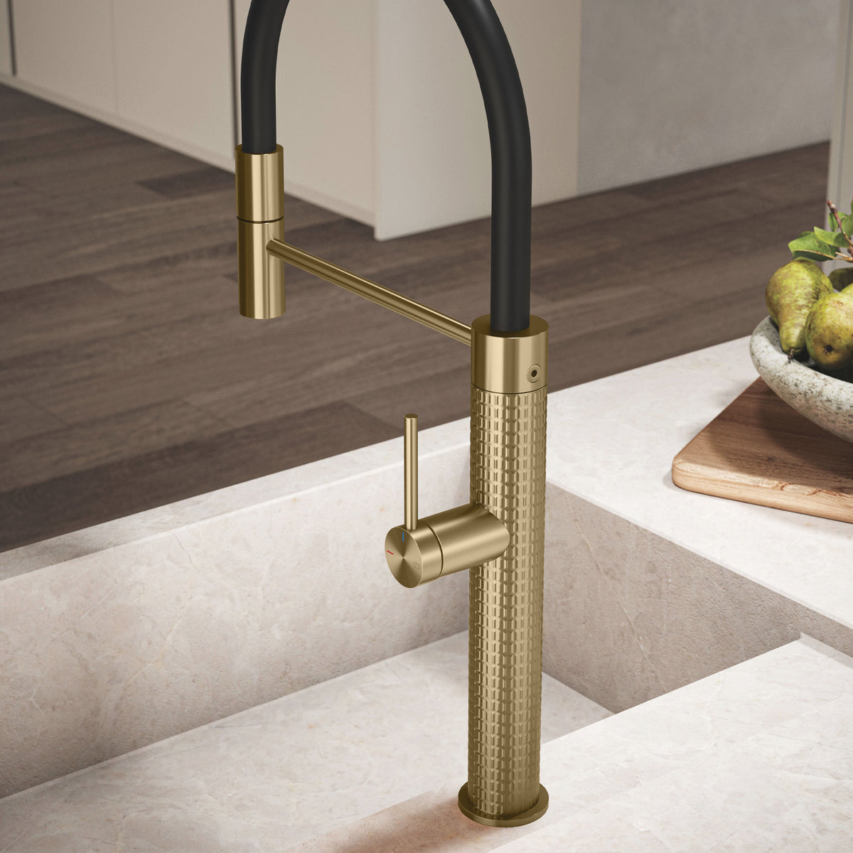 Gessi 316 Meccanica Goose Neck Semi Professional Spray Mixer in a styled room