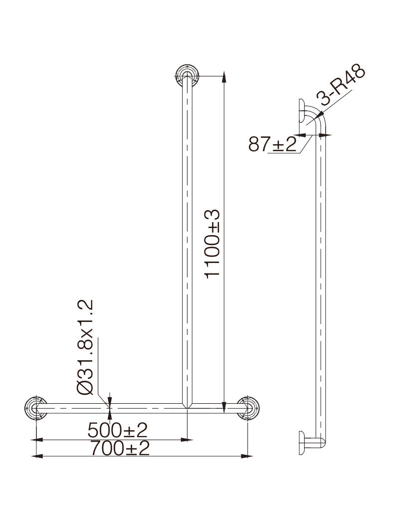 Zenmo Mobi Care T Shape Shower Rail Right Hand