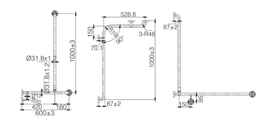 Zenmo Mobi Care L Shape Shower Grab Rail with Extension Right Hand