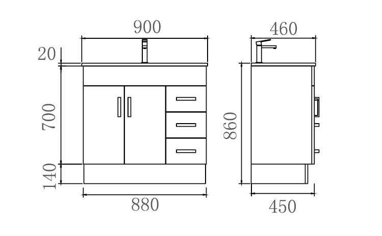 Zenmo Novo Floor Standing Vanity 900mm line drawing