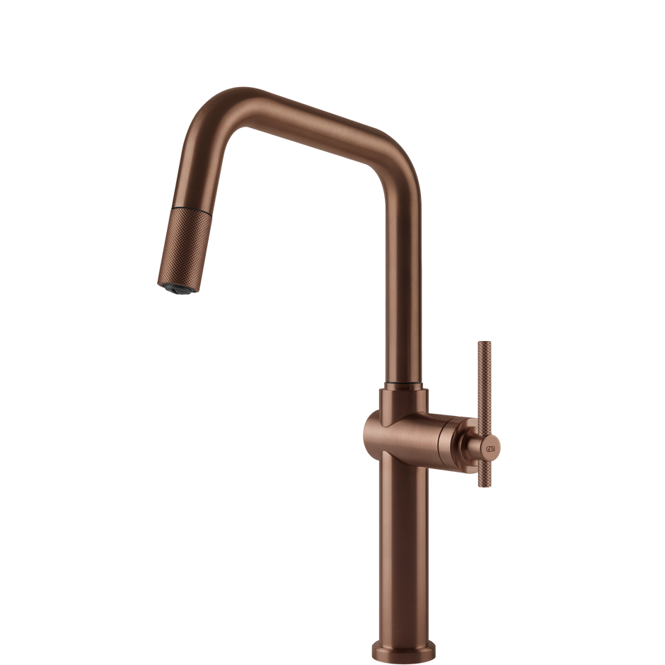 Gessi Habito Square Goose Neck Pull Out Mixer in Brushed Copper