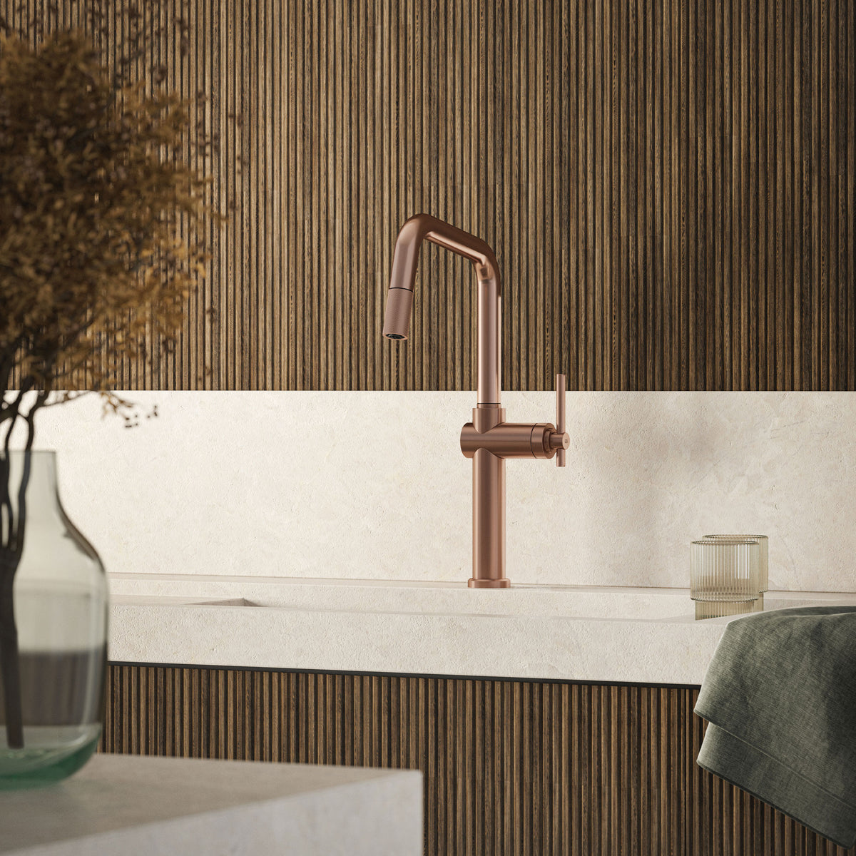 Gessi Habito Square Goose Neck Pull Out Mixer in a styled room