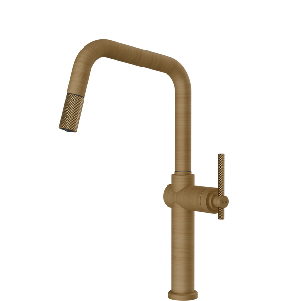 Gessi Habito Square Goose Neck Pull Out Mixer in Antique Brass