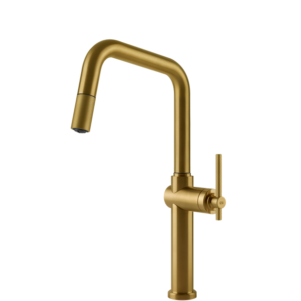Gessi Habito Square Goose Neck Pull Out Mixer in Brushed Gold