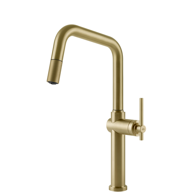 Gessi Habito Square Goose Neck Pull Out Mixer in Brushed Brass