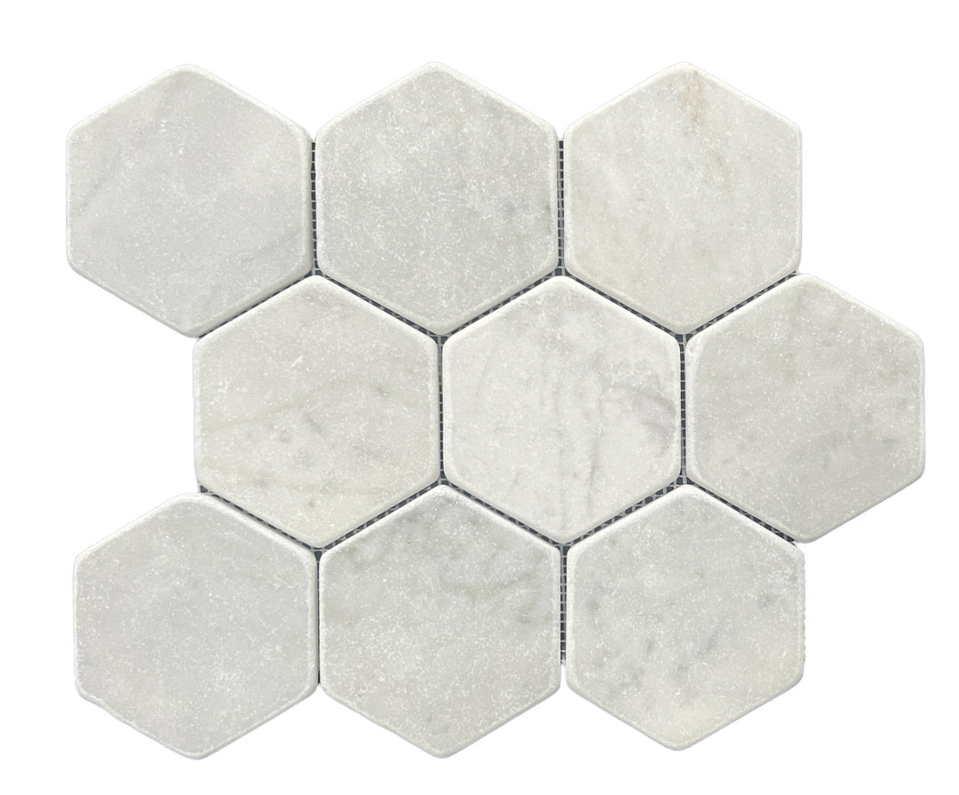 HEXAGON CARRARA TUMBLED CHIP SIZE 98MM SHEET SIZE 298X258X10MM - 98HEXCART -02