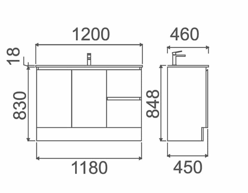 Zenmo Roxio Floor Standing Vanity 1200mm line drawing