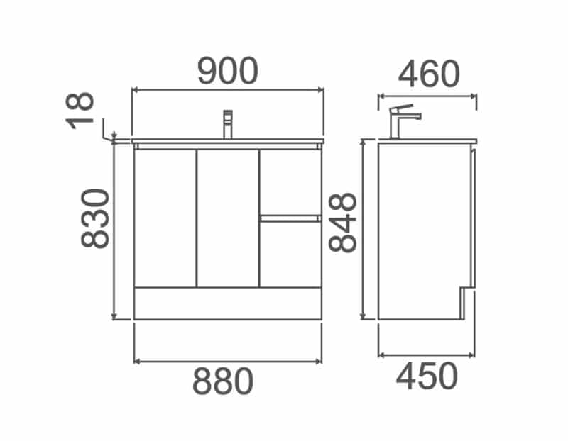 Zenmo Roxio Floor Standing Vanity 900mm line drawing