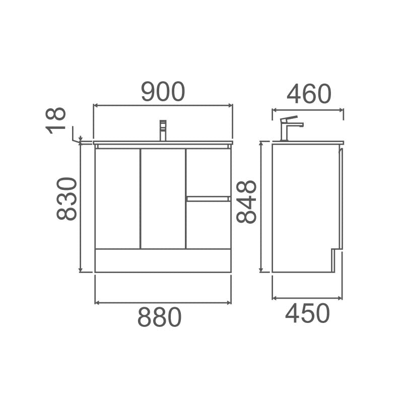 Zenmo Roxio Floor Standing Vanity 900mm line drawing