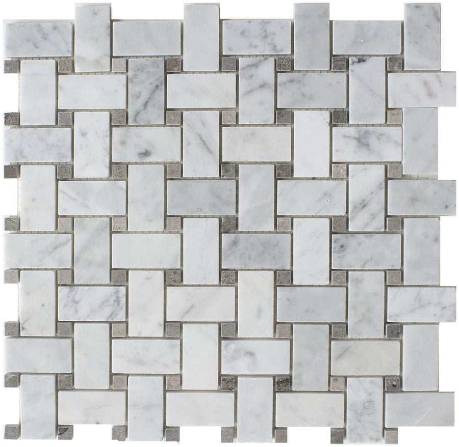 BASKETWEAVE CARRARA + CINDERELLA GREY HONED CHIP SIZE 25X48X7MM SHEET SIZE 305X305X7MM - BASKETWEAVE CARRARA + CINDERELLA GREY DOT -04