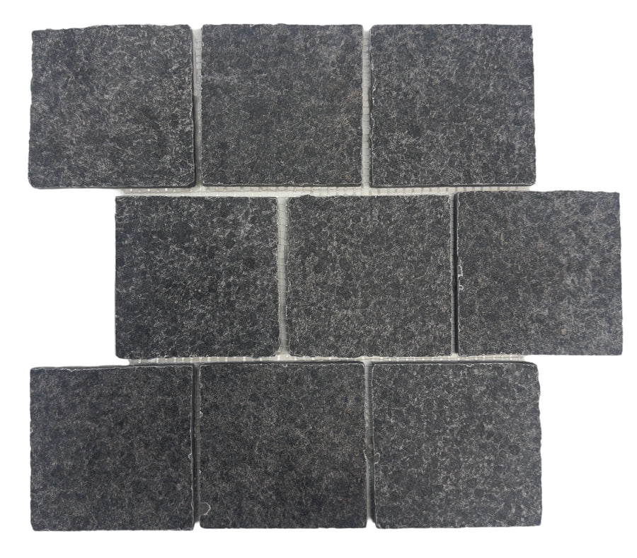 G684 GRANITE LOOK PORCELAIN COBBLES TUMBLED ON MESH CHIP SIZE 100X100X10 MM. SHEET SIZE 300X300X10MM BRICK BOND - ASH BLACK PORCELAIN COBBLES BRICK BOND