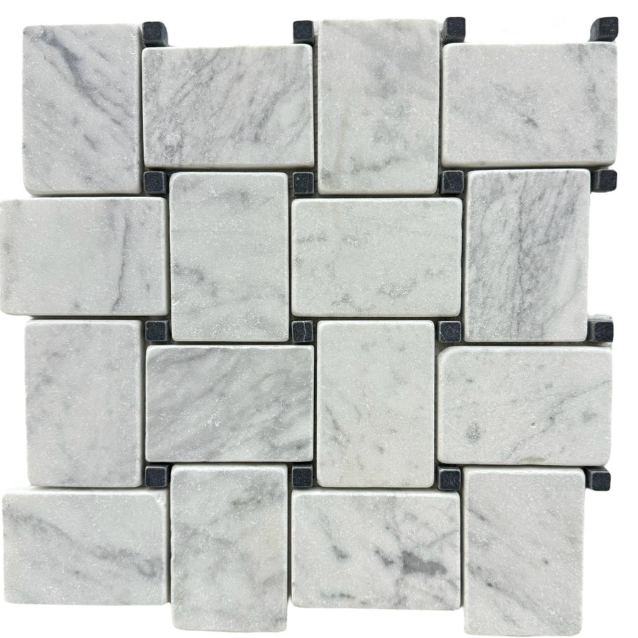 JUMBO BASKETWEAVE CARRARA TUMBLED + NERO DOT CHIP SIZE: 56X80X10MM SHEET SIZE: 278X278 - JUMBO BASKETWEAVE CARRARA TUMBLED -01