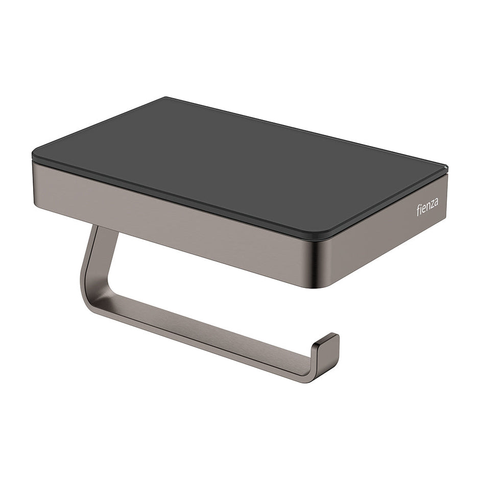 Tono Toilet Roll Holder with Glass Shelf in Gun Metal