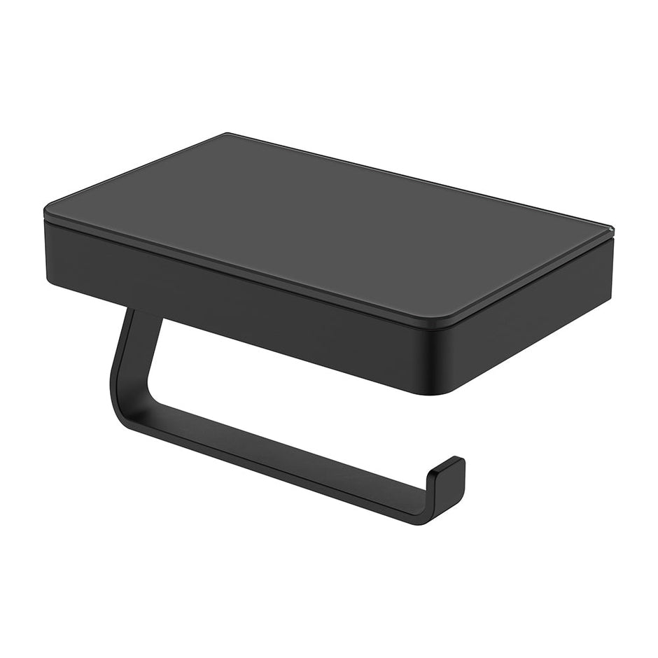 Tono Toilet Roll Holder with Glass Shelf in Matte Black