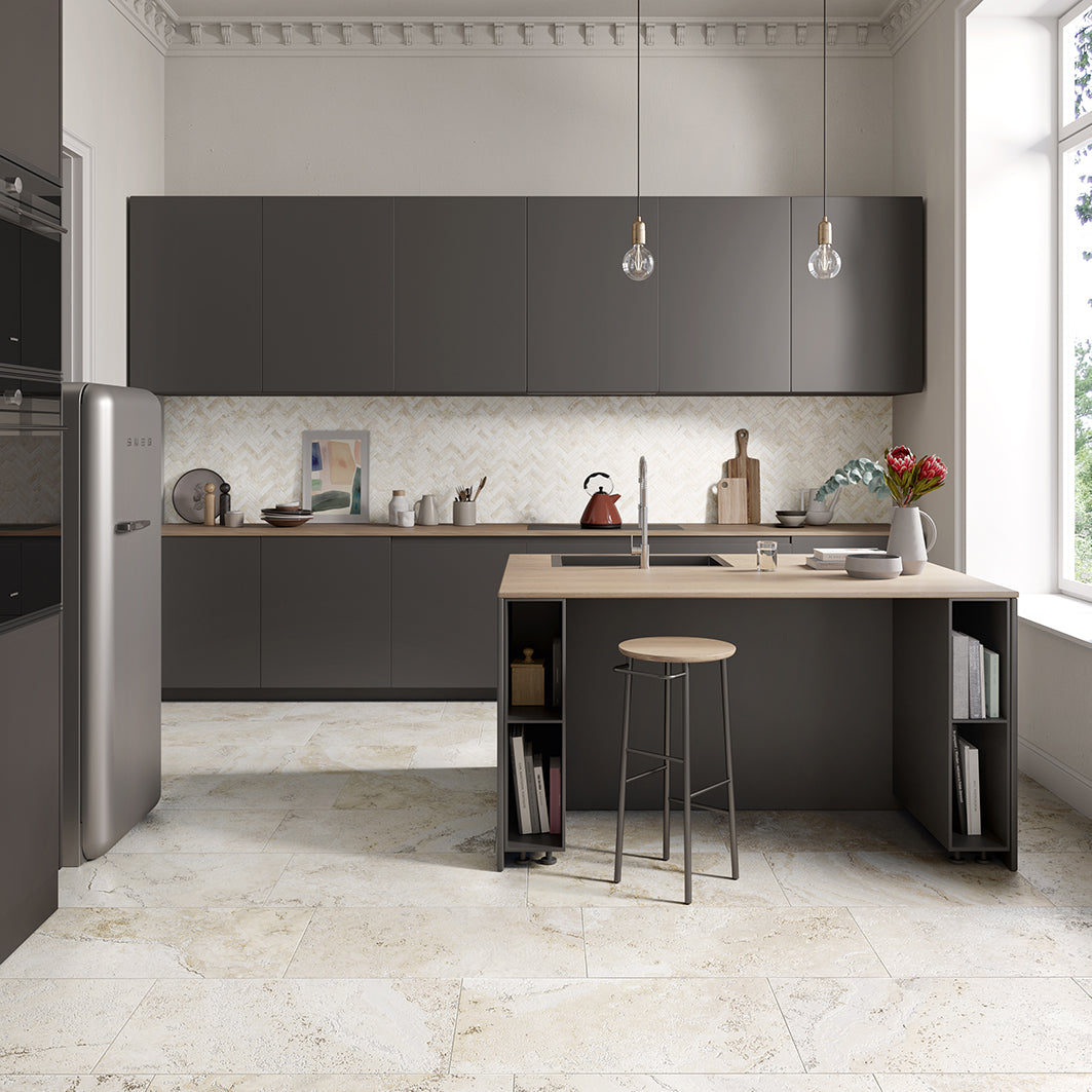 Stoneage Travertine Oro 3D Porcelain Tiles in a room setting