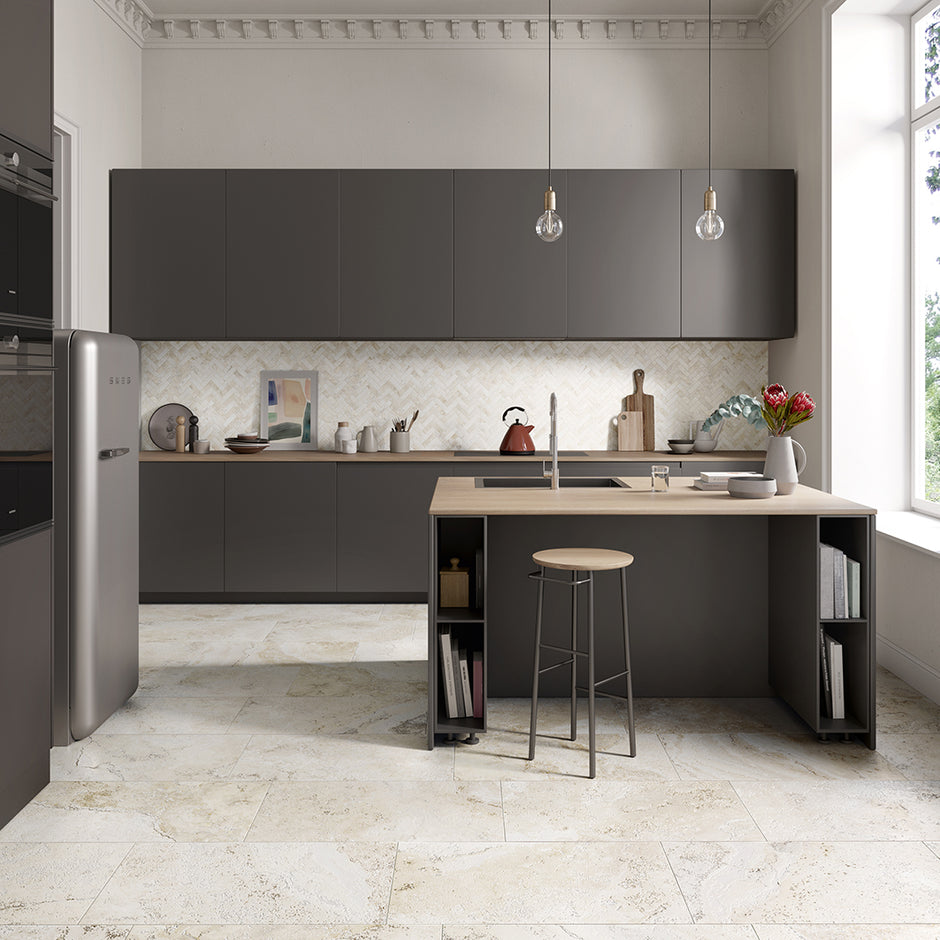 Stoneage Travertine Oro 3D Porcelain Tiles in a room setting